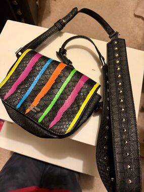 Black Crossbody Bag with Neon Multicolor Stripe Accents